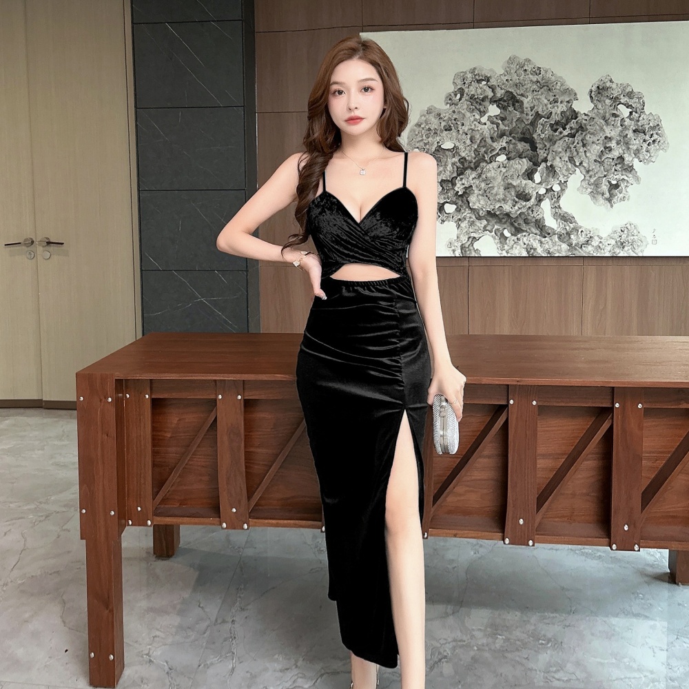 Slit sexy golden velvet bottoming mixed colors sling dress