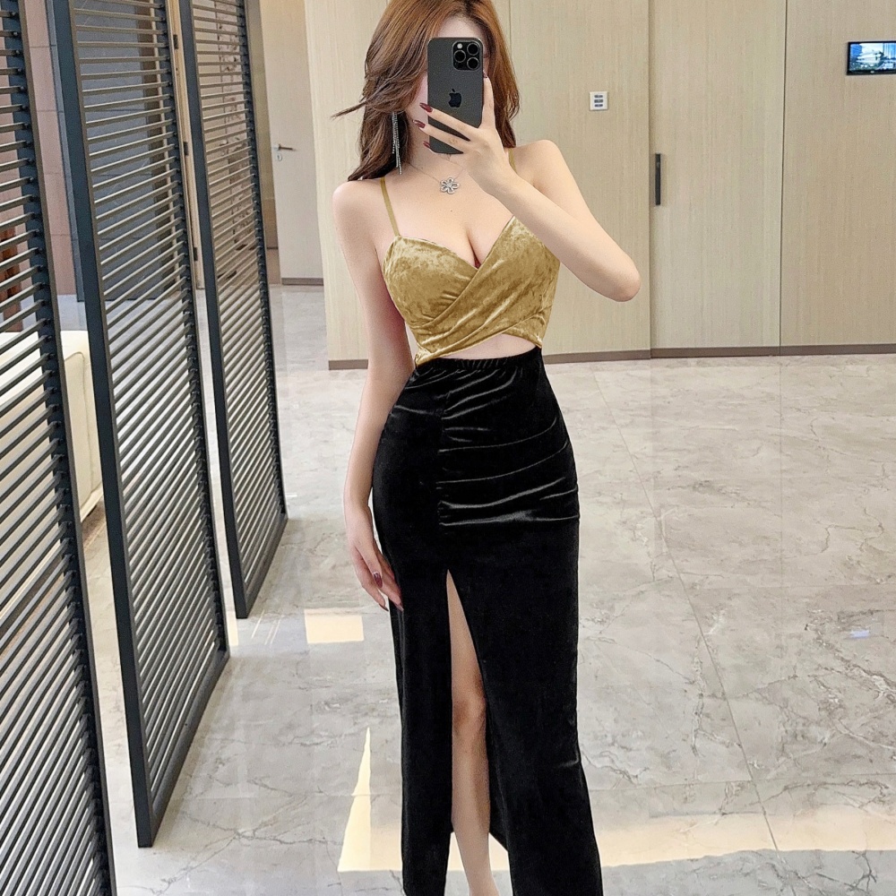 Slit sexy golden velvet bottoming mixed colors sling dress