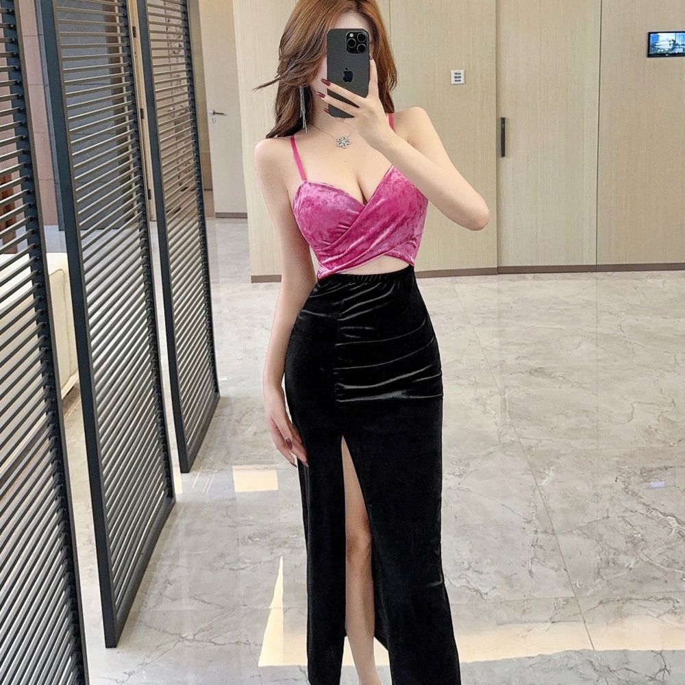 Slit sexy golden velvet bottoming mixed colors sling dress