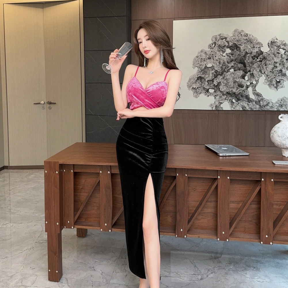 Slit sexy golden velvet bottoming mixed colors sling dress