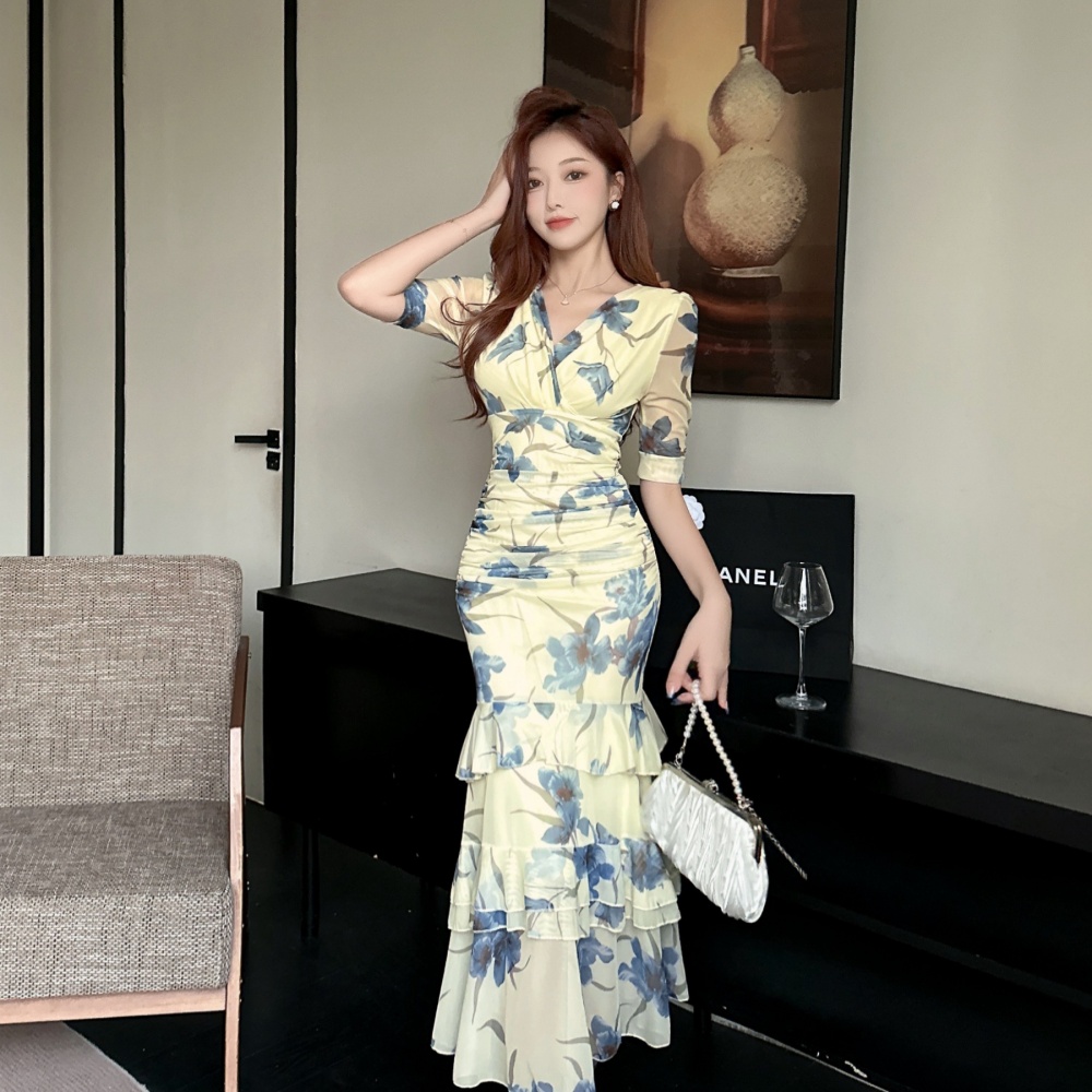 Printing long bottoming gauze short sleeve sexy dress