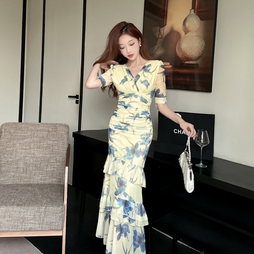 Printing long bottoming gauze short sleeve sexy dress