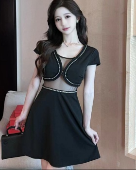 Bottoming hollow splice sexy gauze short dress