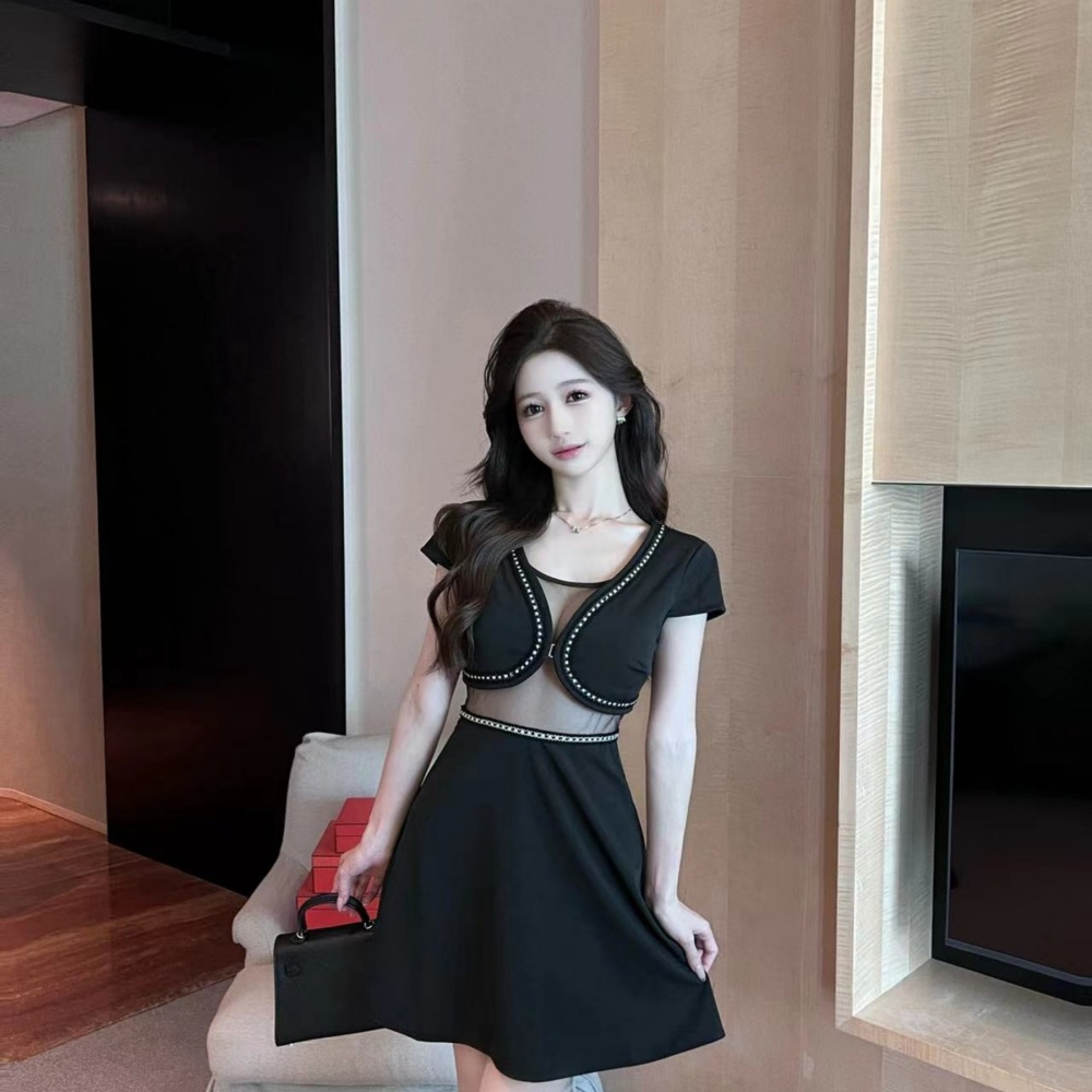 Bottoming hollow splice sexy gauze short dress