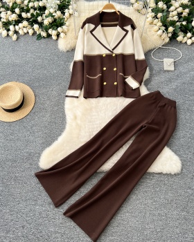 Knitted cardigan wide leg long pants a set for women