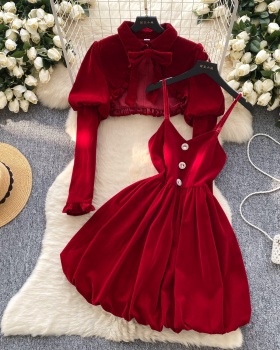 Bow puff sleeve sling dress velvet bud red jacket 2pcs set