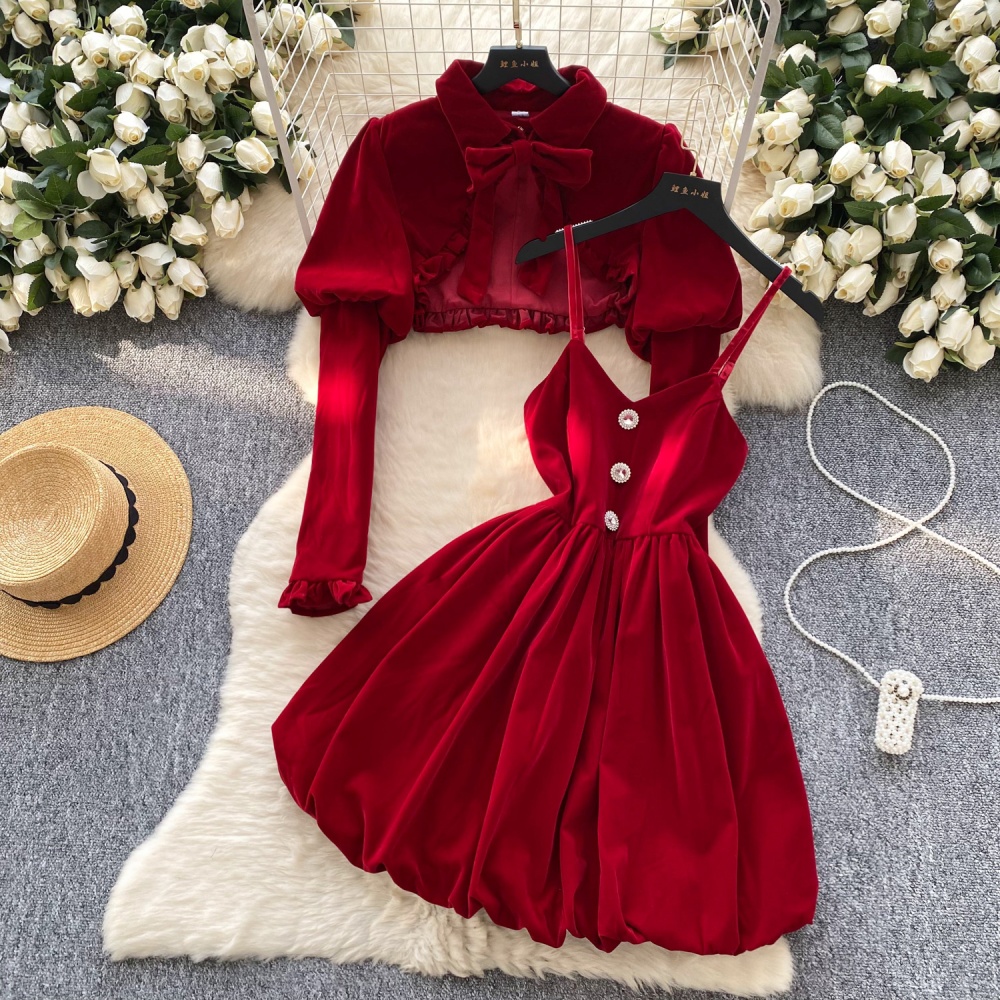 Bow puff sleeve sling dress velvet bud red jacket 2pcs set