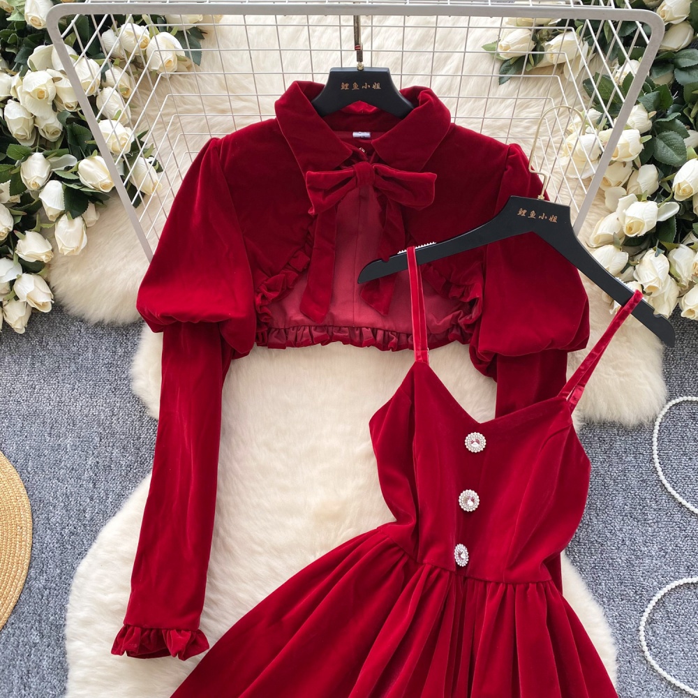 Bow puff sleeve sling dress velvet bud red jacket 2pcs set