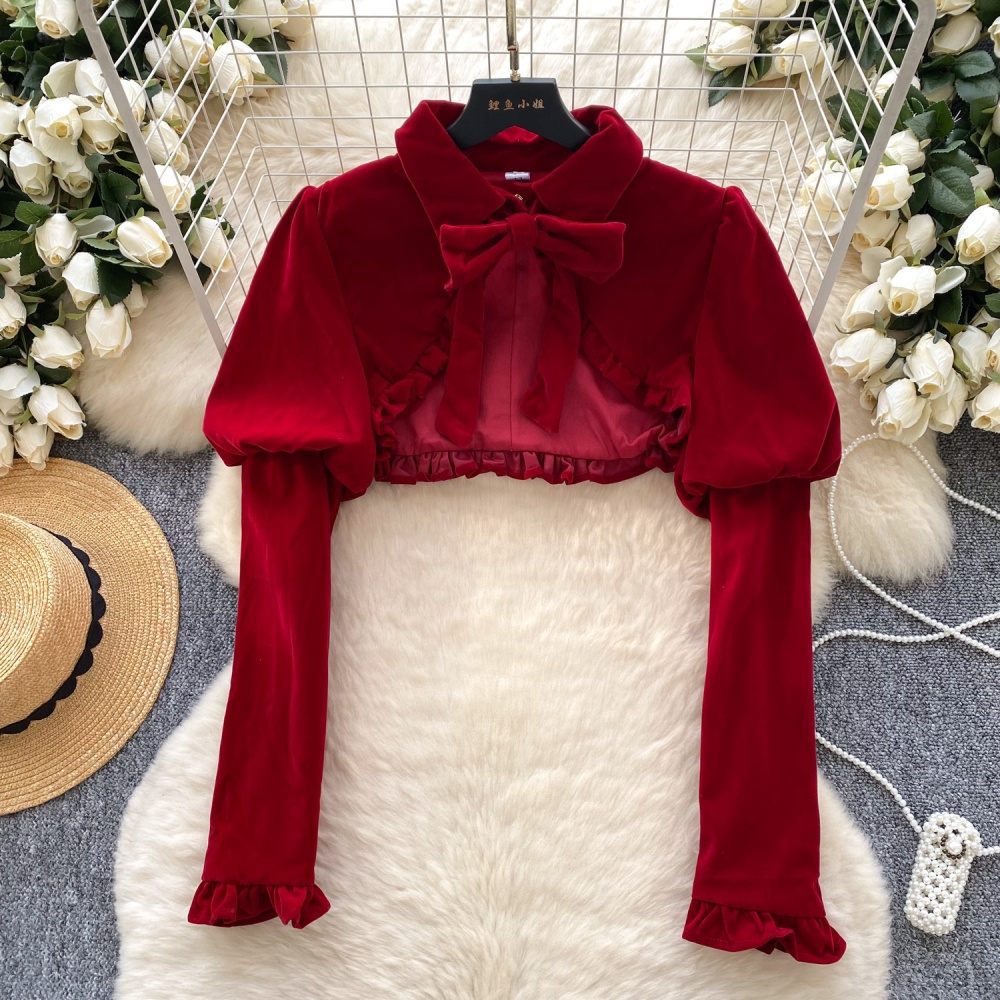 Bow puff sleeve sling dress velvet bud red jacket 2pcs set