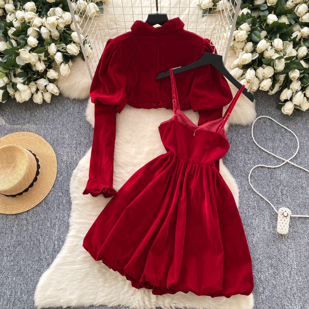 Bow puff sleeve sling dress velvet bud red jacket 2pcs set