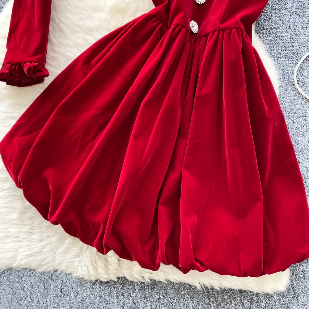 Bow puff sleeve sling dress velvet bud red jacket 2pcs set