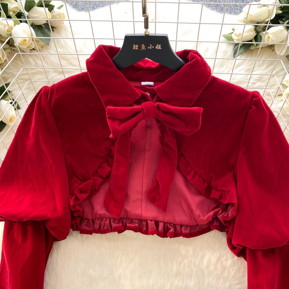 Bow puff sleeve sling dress velvet bud red jacket 2pcs set