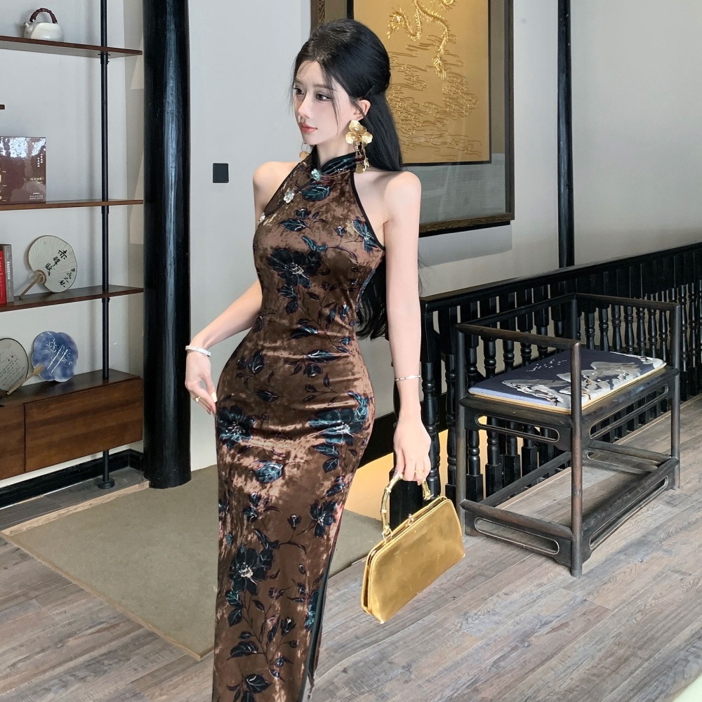 Elegant velvet package hip dress slim long cheongsam