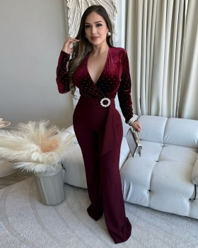 European style wide leg pants long sleeve jumpsuit for women