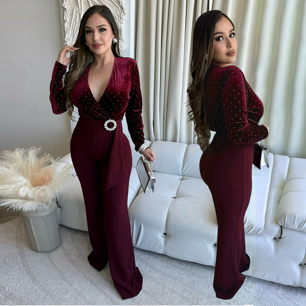 European style wide leg pants long sleeve jumpsuit for women