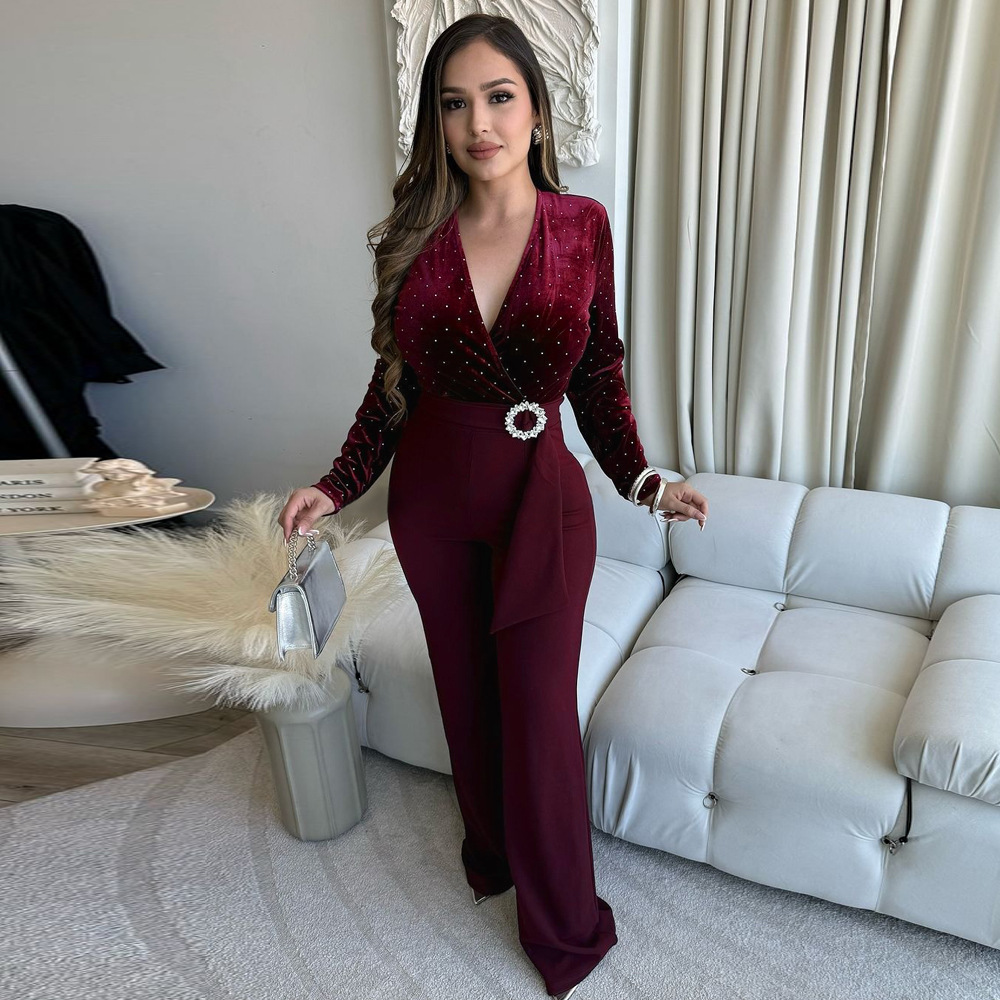 European style wide leg pants long sleeve jumpsuit for women