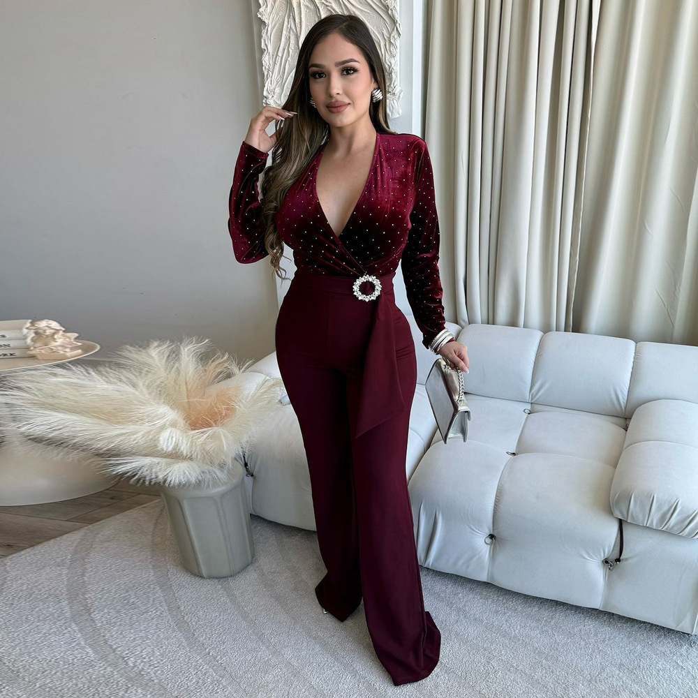 European style wide leg pants long sleeve jumpsuit for women