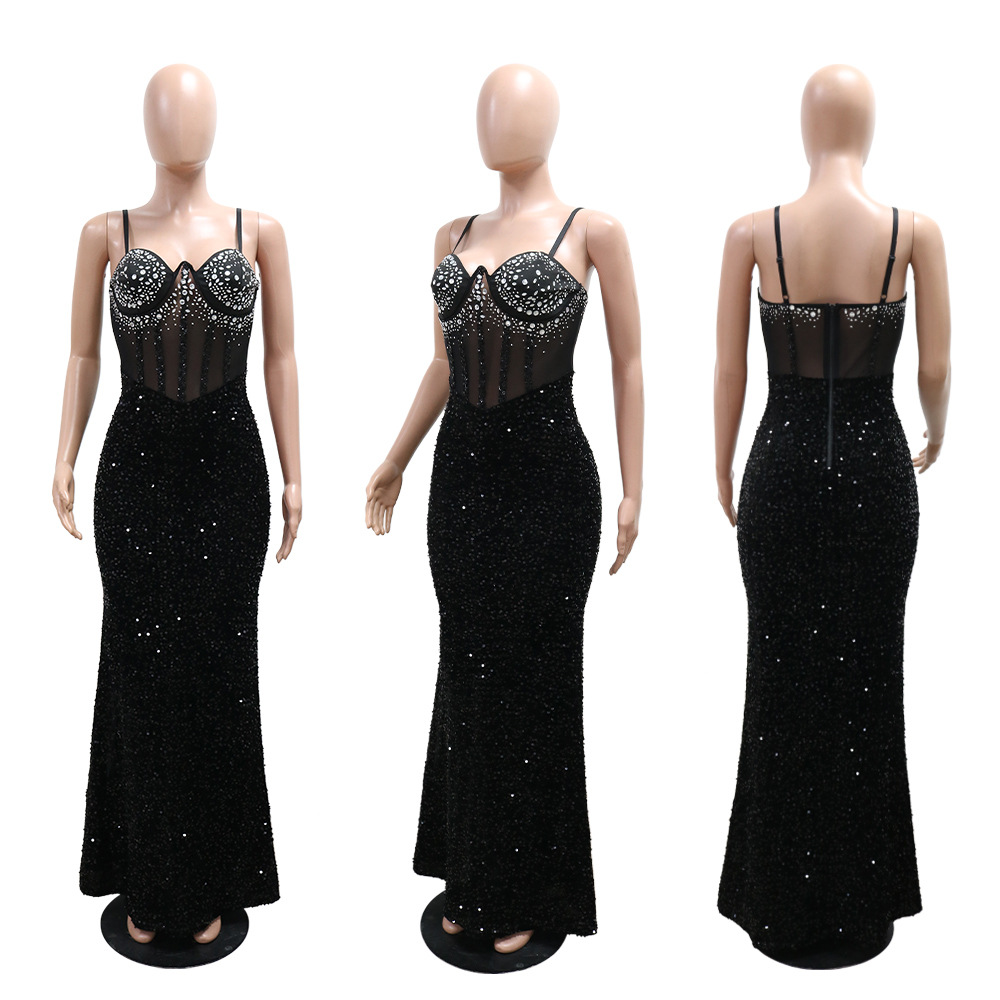 Velvet rhinestone formal dress sequins dress for women