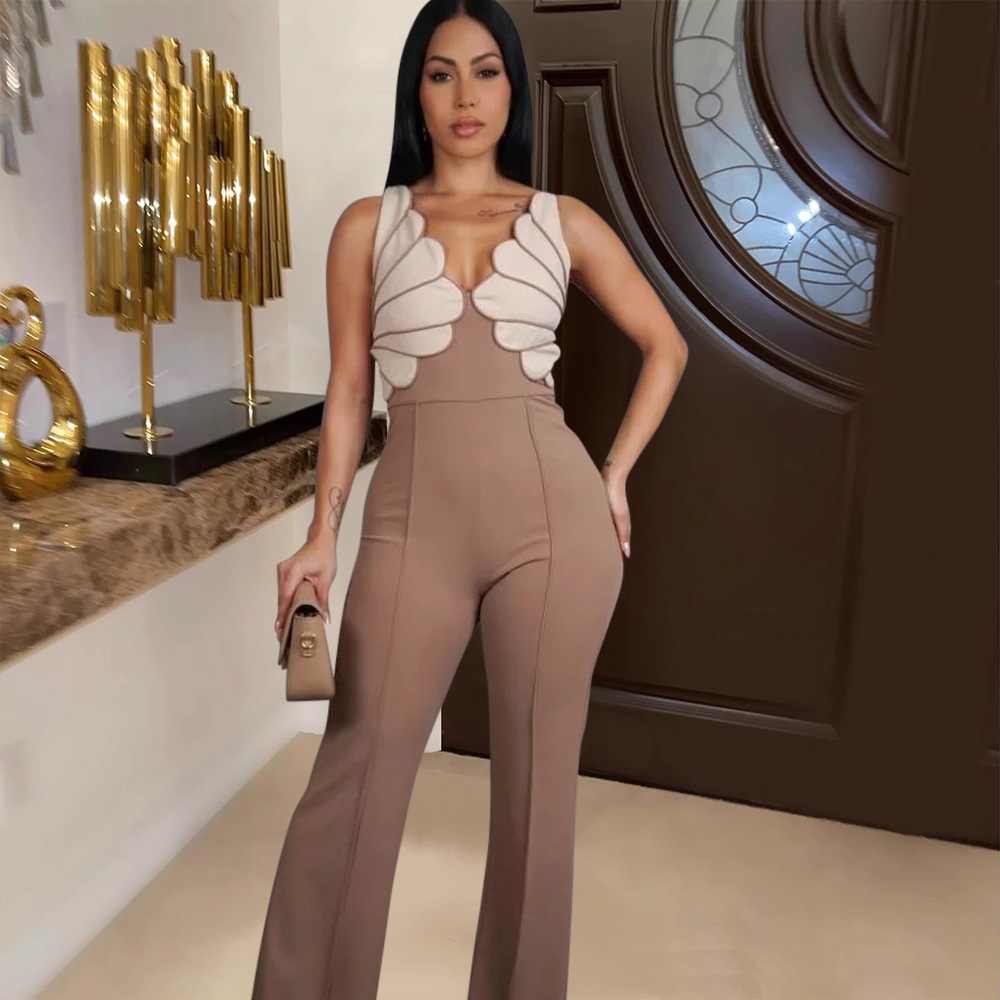 Fashion sleeveless jumpsuit V-neck long pants for women