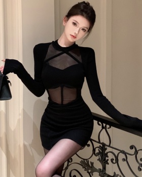 Splice black long sleeve short sexy gauze dress