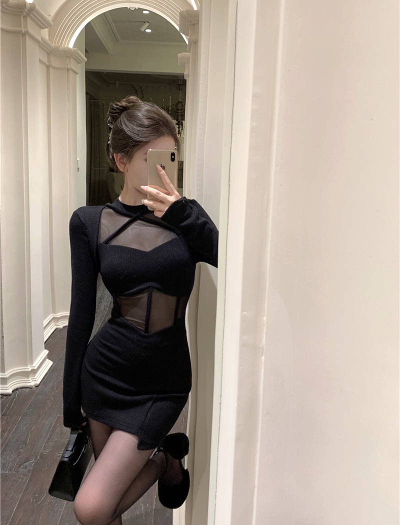 Splice black long sleeve short sexy gauze dress