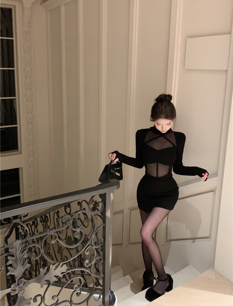 Splice black long sleeve short sexy gauze dress