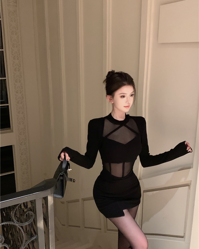 Splice black long sleeve short sexy gauze dress