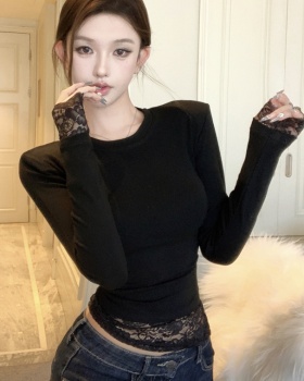 Bottoming lace irregular long sleeve tops