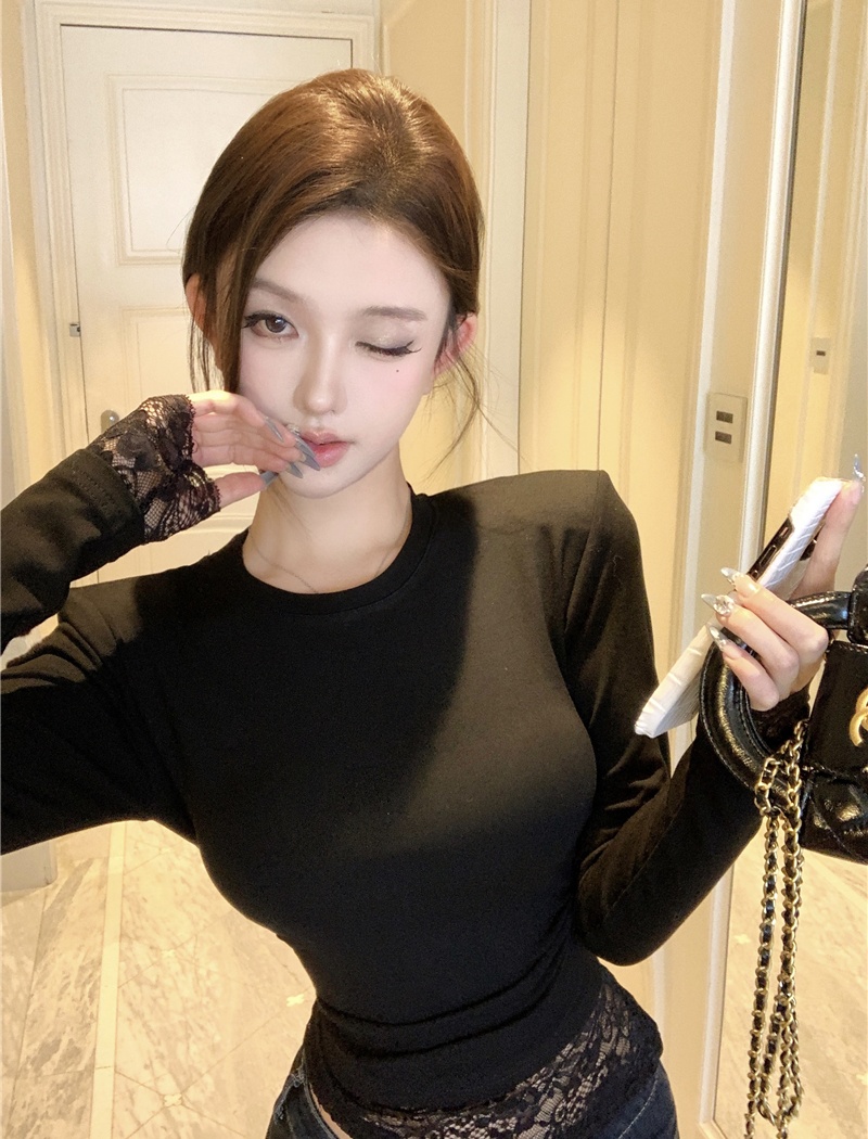 Bottoming lace irregular long sleeve tops