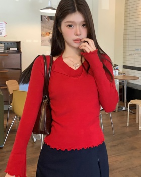 Pseudo-two enticement V-neck sweater wood ear spicegirl tops