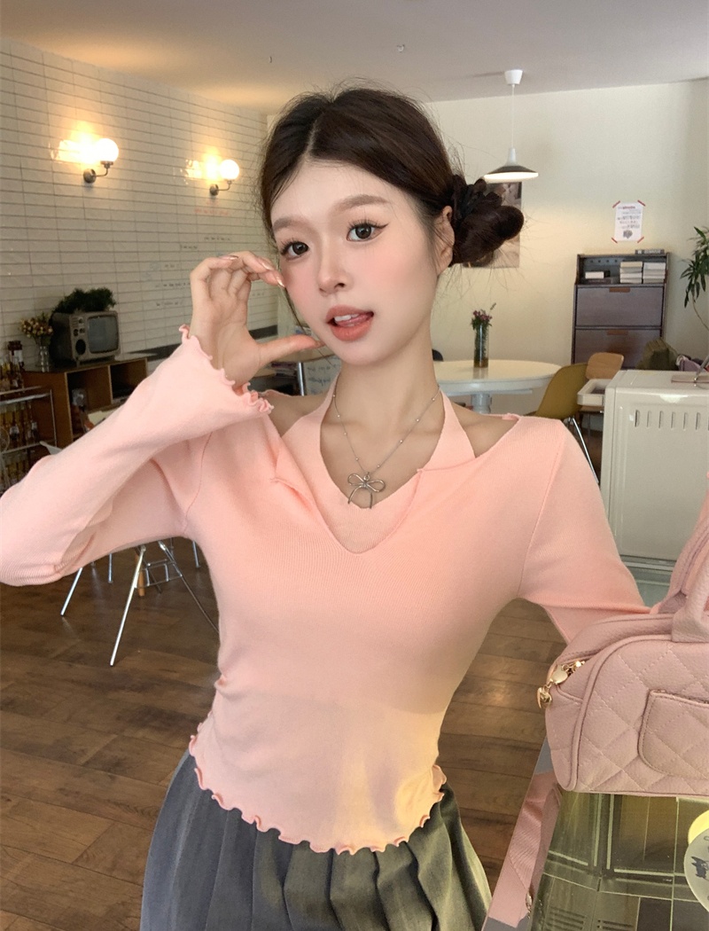 Pseudo-two enticement V-neck sweater wood ear spicegirl tops