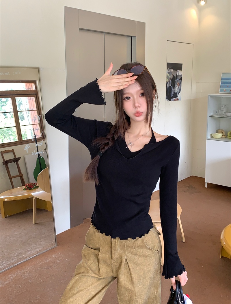 Pseudo-two enticement V-neck sweater wood ear spicegirl tops