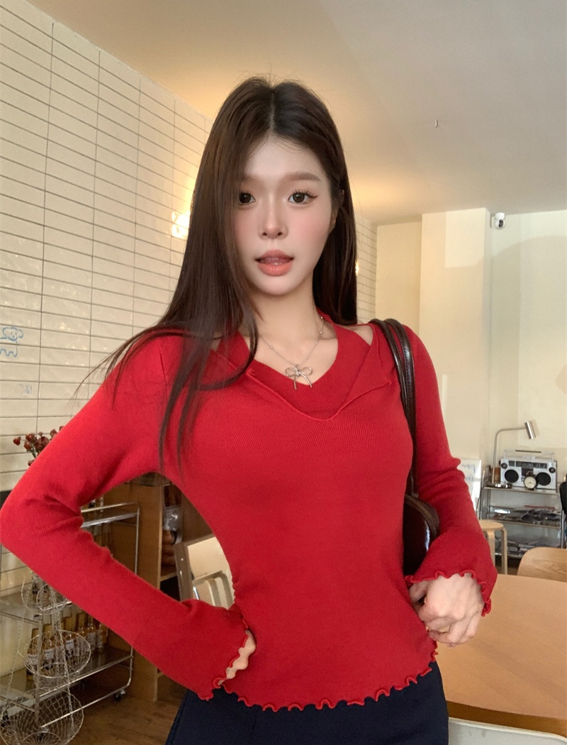 Pseudo-two enticement V-neck sweater wood ear spicegirl tops