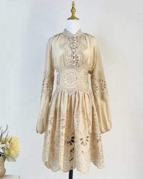 Mini flax single-breasted hollow embroidery long sleeve dress