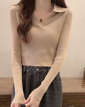 V-neck pit stripe tops slim knitted bottoming shirt for women