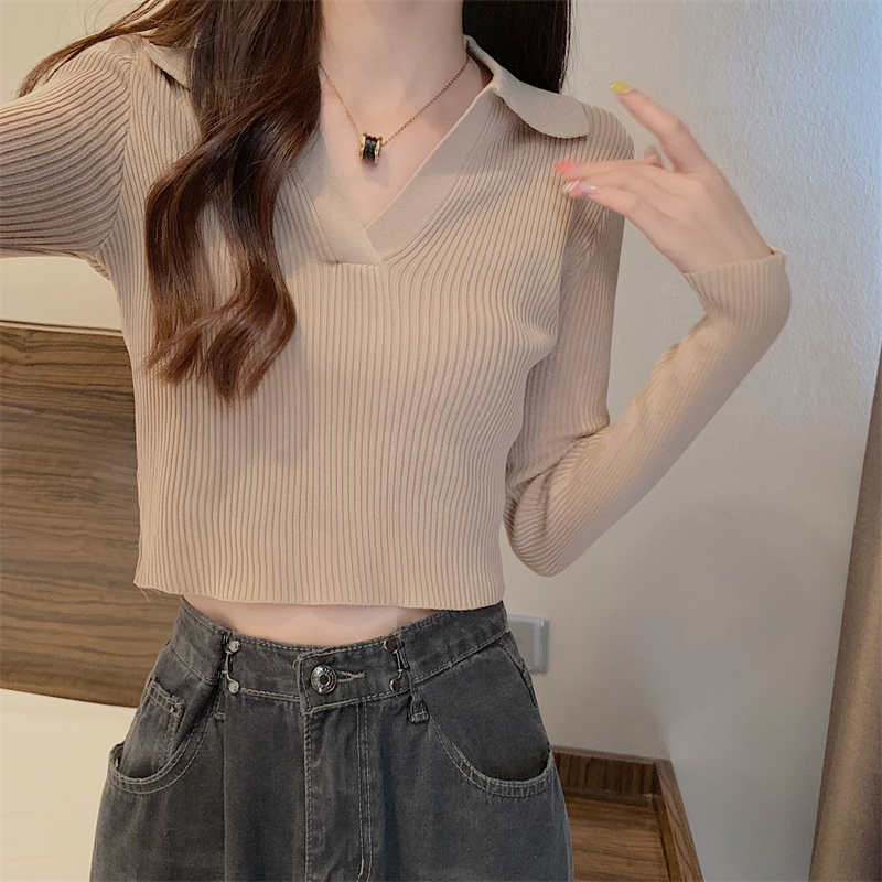 V-neck pit stripe tops slim knitted bottoming shirt for women