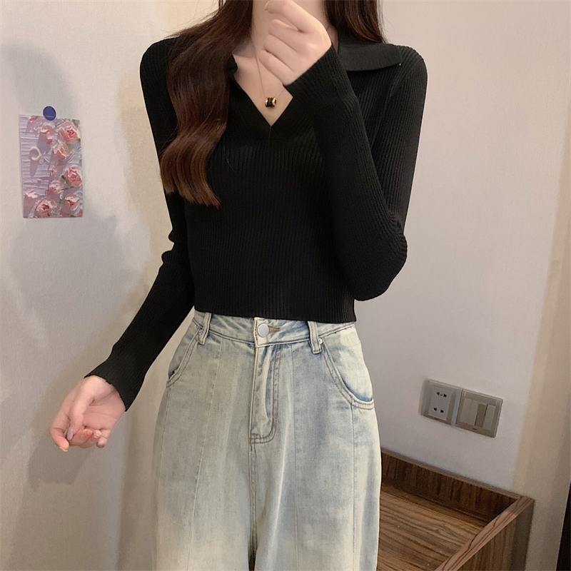 V-neck pit stripe tops slim knitted bottoming shirt for women