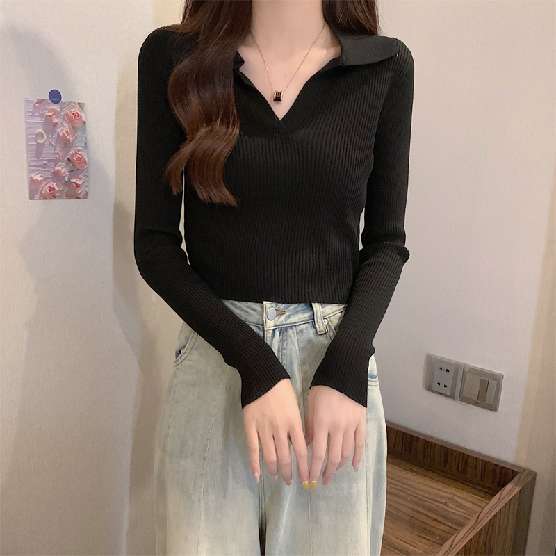 V-neck pit stripe tops slim knitted bottoming shirt for women