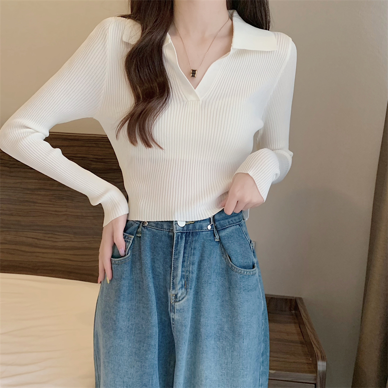 V-neck pit stripe tops slim knitted bottoming shirt for women