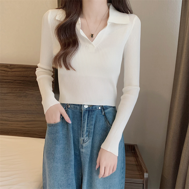 V-neck pit stripe tops slim knitted bottoming shirt for women