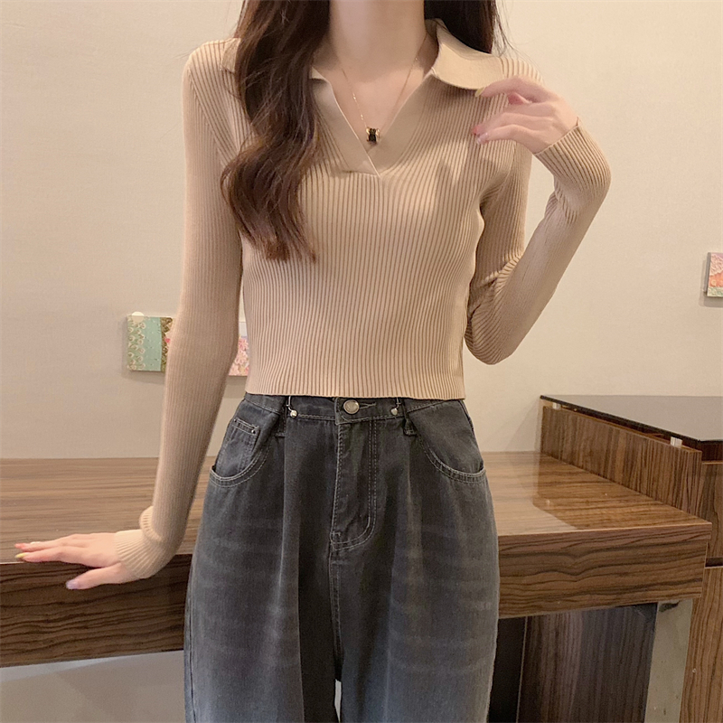 V-neck pit stripe tops slim knitted bottoming shirt for women