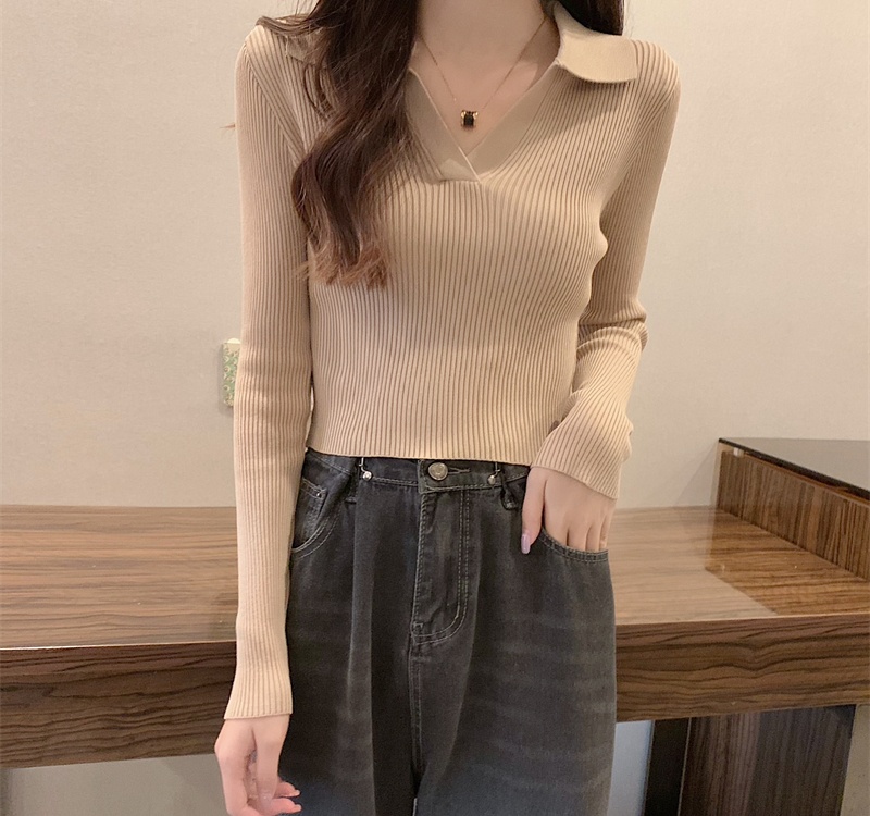 V-neck pit stripe tops slim knitted bottoming shirt for women