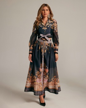 Printing court style tops retro long skirt 2pcs set