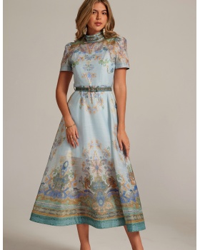 Retro short sleeve dress court style printing long dress