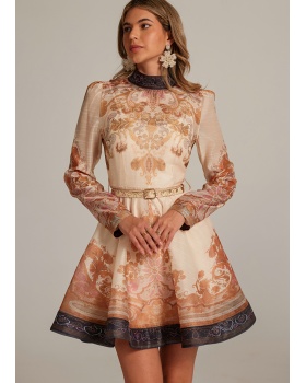 Short retro printing court style long sleeve dress