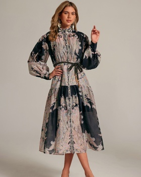 Long sleeve long court style printing short retro dress