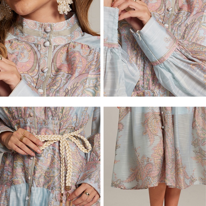 Long sleeve long court style printing short retro dress