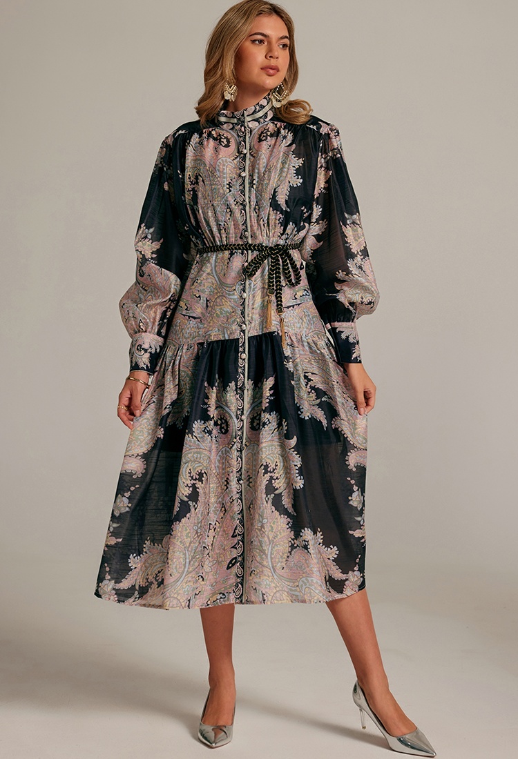 Long sleeve long court style printing short retro dress