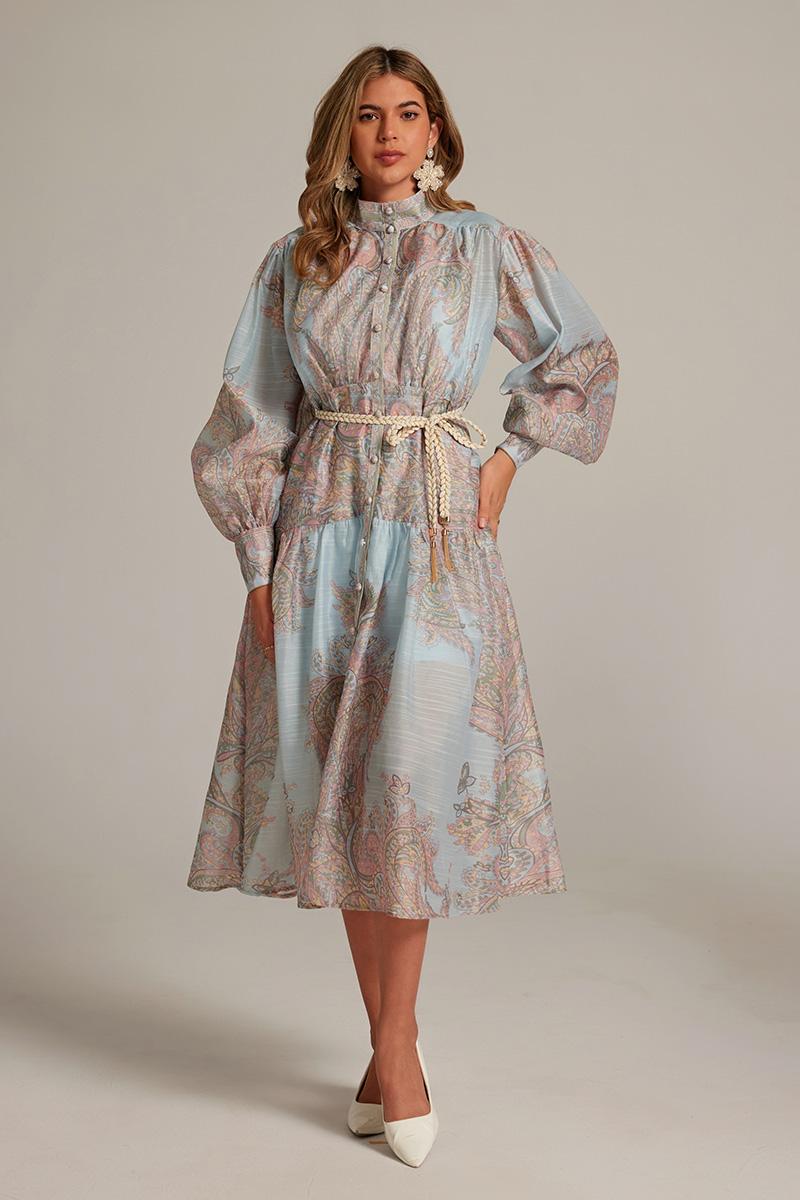 Long sleeve long court style printing short retro dress