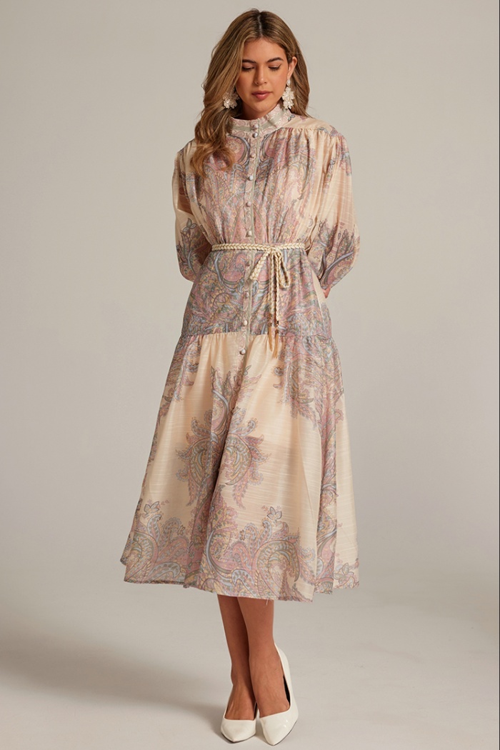 Long sleeve long court style printing short retro dress